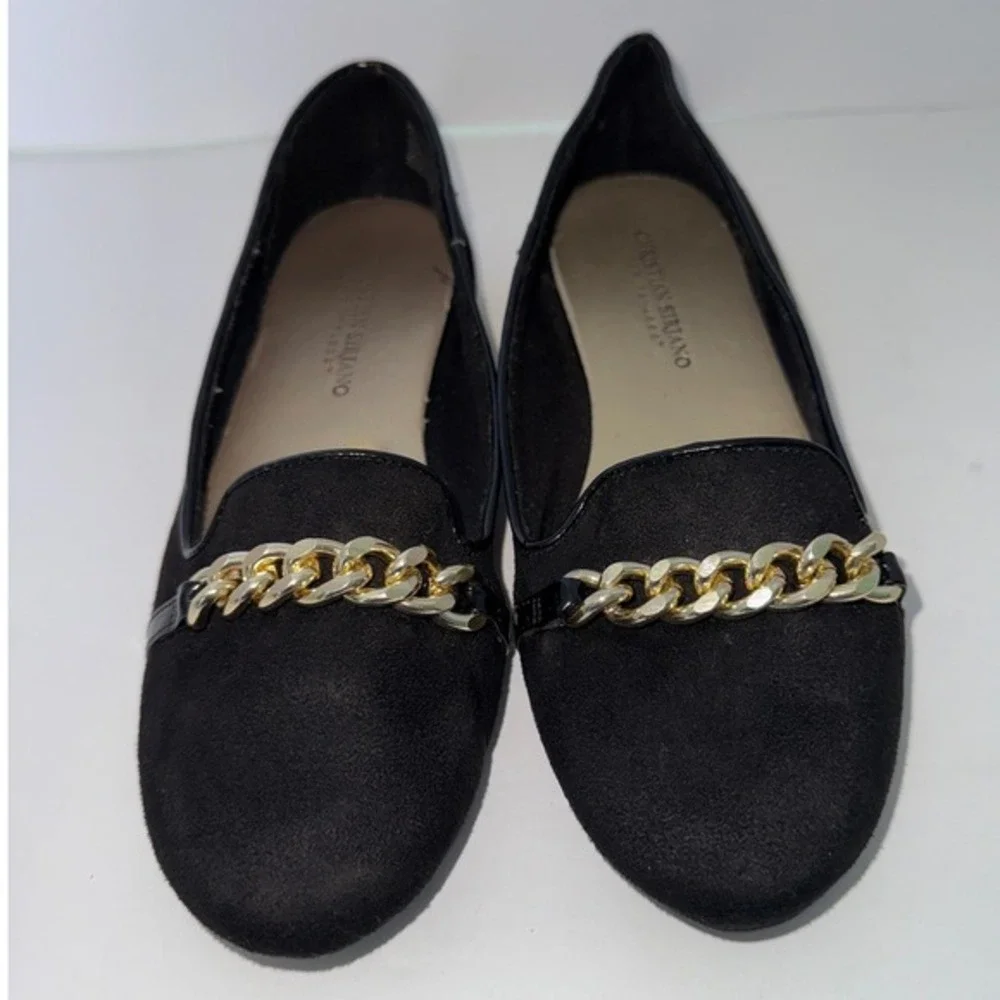 VTG Payless Women Black Faux Suede/Gold Chain Loafers 7.5 Y2K Preppy Career Goth